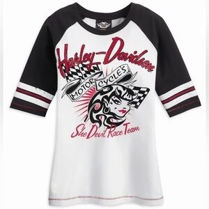 Harley Davidson She Devil Race Teal Studded Graphic Baseball Style Tee‎ Size XL